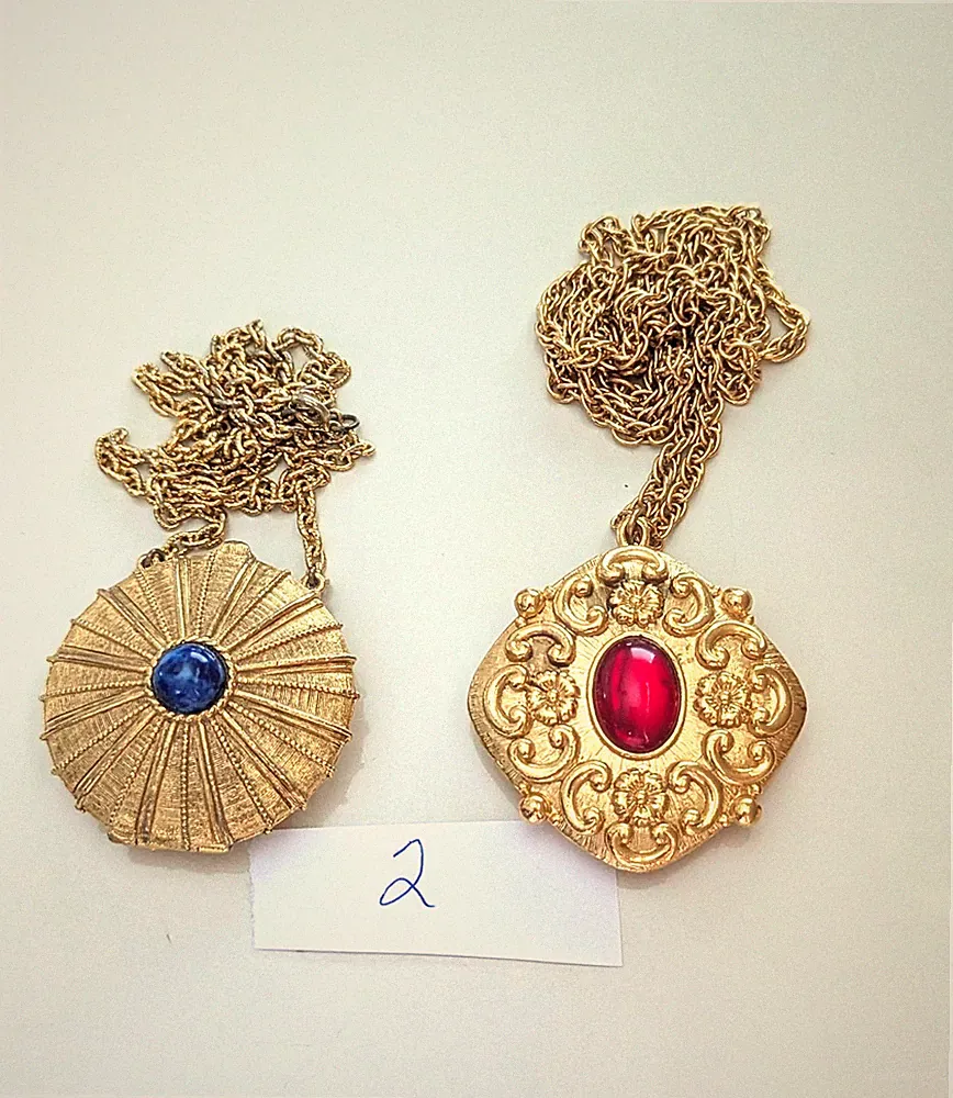 2 Solid Perfume Pendant Necklaces Estee Lauder Blue Lapis & Revlon Intimate